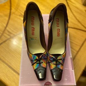 Miu Miu pointed toe rainbow plaid heels
